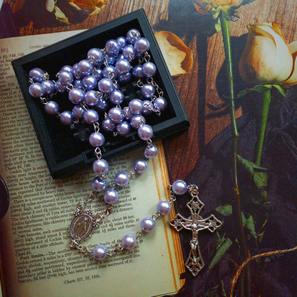 Purple Pearl Rosary Christian Necklace