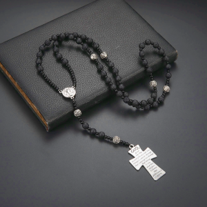 St. Benedict Medal & Cross of 8 mm Round Black Volcanic Stone Nylon Cord Rosary