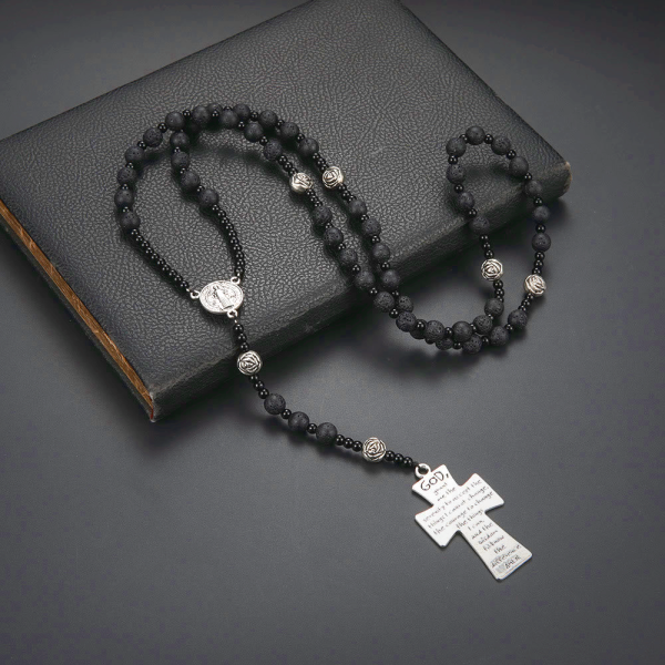 St. Benedict Medal & Cross of 8 mm Round Black Volcanic Stone Nylon Cord Rosary