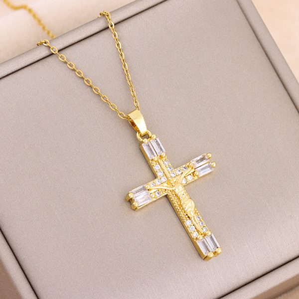 Christianartworkshop Retro Bohemian Style Colored Zirconia Cross Titanium Steel Necklace