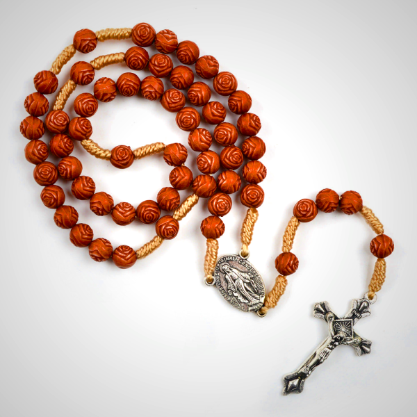 Handmade Rose-Shaped Wooden Bead Rosary: Miraculous Medal & Crucifix