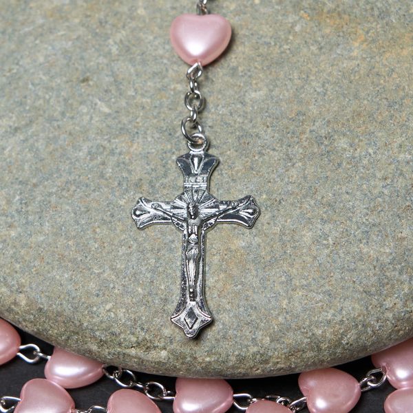 Our Lady of Fátima & Crucifix of 10 mm Heart Pink Acrylic Alloy Chain Rosary
