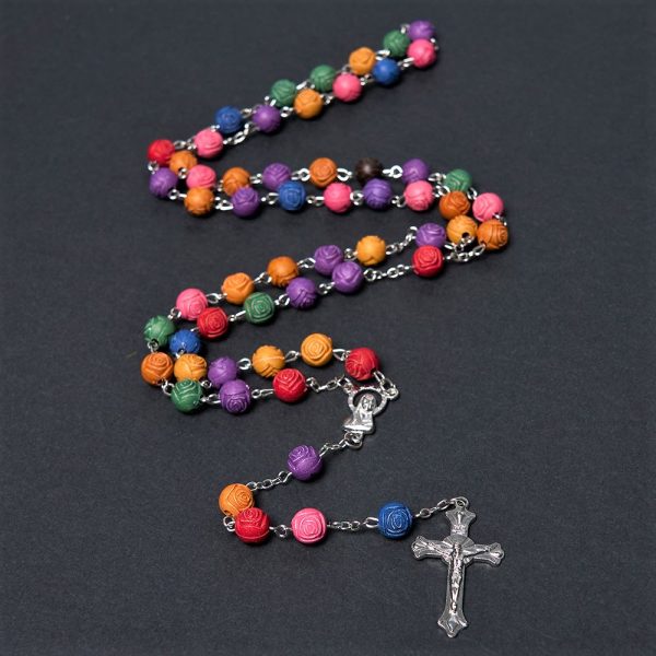 Our Lady of Guadalupe & Crucifix of 8 mm Rose Multicolor Resin Alloy Chain Rosary
