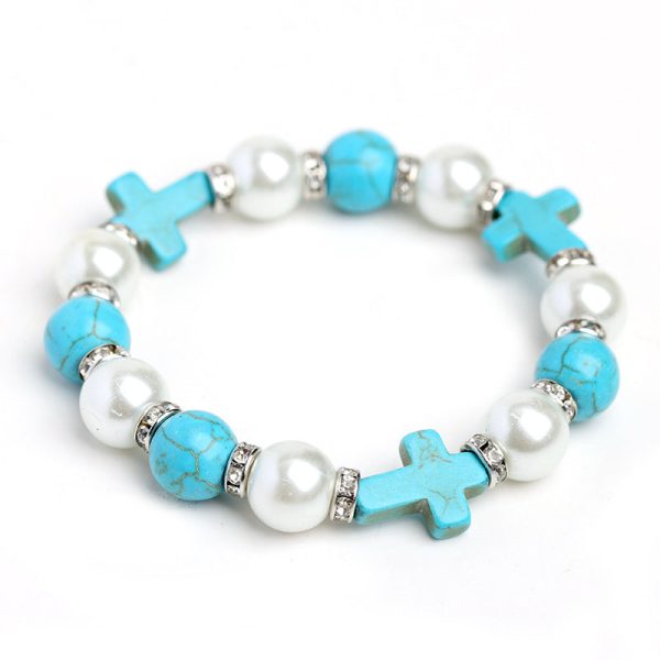 Christianartworkshop Pearl & Turquoise Cross Healing Energy Bracelet