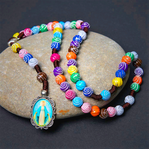 Holy Grail & Miraculous Medal of 8 mm Round Multicolor Acrylic Nylon Cord Rosary