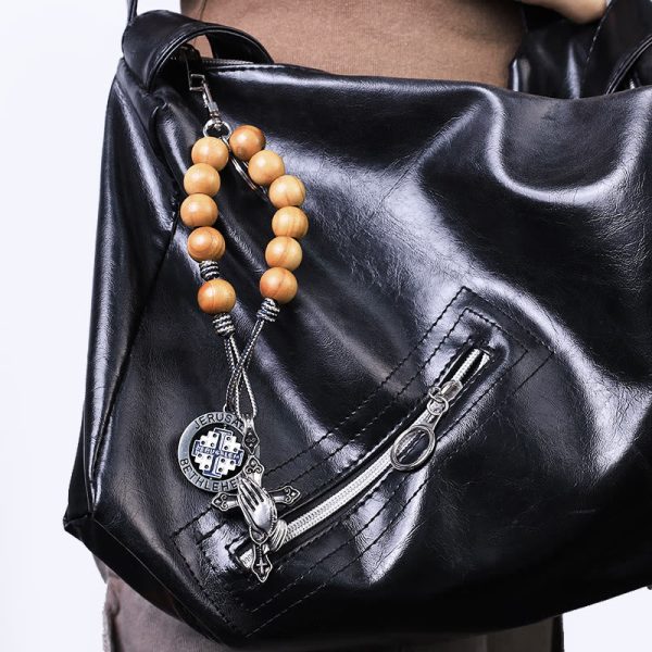 Praying Hands & Jerusalem Medal: Olive Wood Bless Pocket Rosary