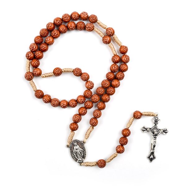 Christianartworkshop Handmade Rose-Shaped Wooden Bead Rosary: Miraculous Medal & Crucifix