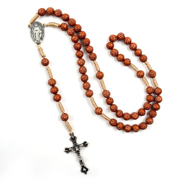 Christianartworkshop Handmade Rose-Shaped Wooden Bead Rosary: Miraculous Medal & Crucifix