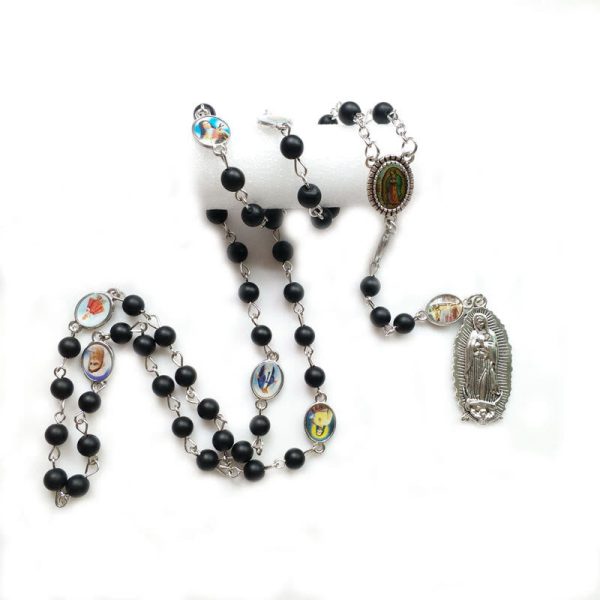 Our Lady of Guadalupe of 6 mm Round Black Agate Alloy Chain Rosary