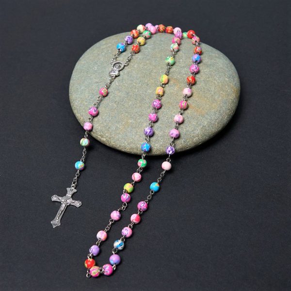Our Lady of Guadalupe & Crucifix of 6 mm Round Multicolor Polymer Clay Alloy Chain Rosary
