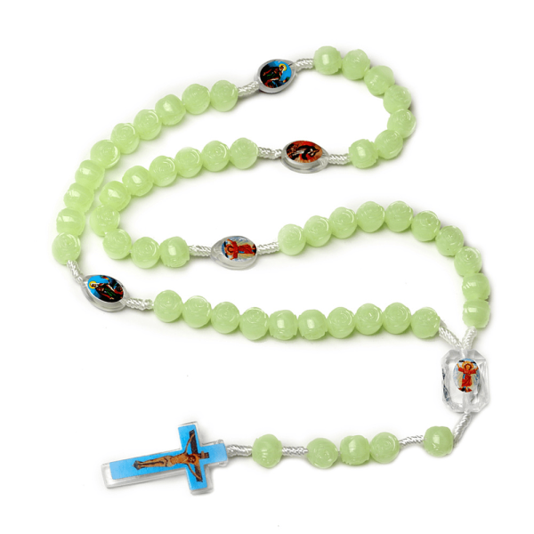 Crucifix of 10 mm Rose Luminous Green Resin Nylon Cord Rosary
