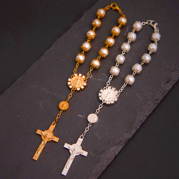 Christian Glass Beads St. Benedict & Jesus Cross Bracelet Rosary