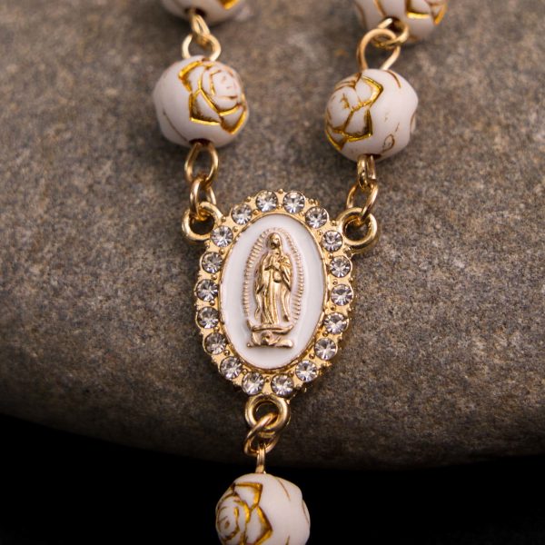 Rose Beads Cross Our Lady Of Guadalupe Bracelet Rosary