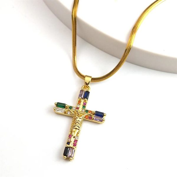 Christianartworkshop Retro Bohemian Style Colored Zirconia Cross Titanium Steel Necklace