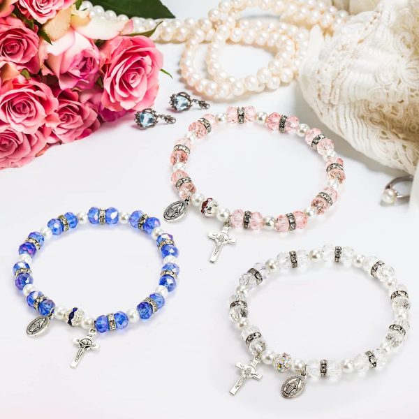 Christianartworkshop Crystal Beads Stretch Bracelet with Crucifix and Miraculous Medal