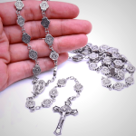 St. Benedict Medal & Crucifix of 8 mm Polyhedron Silver Metal Alloy Chain Rosary