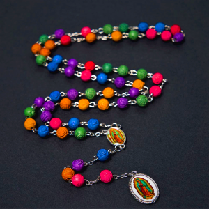 Our Lady of Guadalupe & Crucifix of 8 mm Rose Multicolor Resin Alloy Chain Rosary