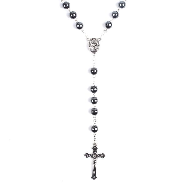 Madonna and Child & Crucifix of 8 mm Round Black Hematite Alloy Chain Rosary