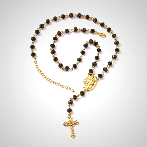 Christian Virgin Mary & Crucifix Pendant Necklace - Black, White, Pink