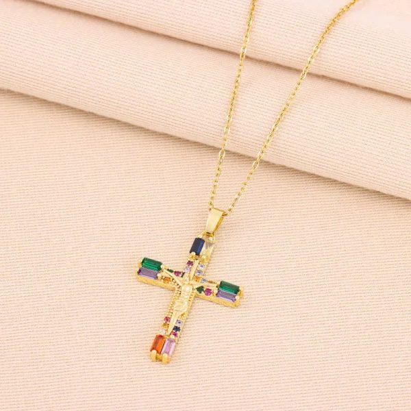Christianartworkshop Retro Bohemian Style Colored Zirconia Cross Titanium Steel Necklace