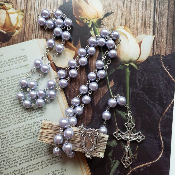 Purple Pearl Rosary Christian Necklace