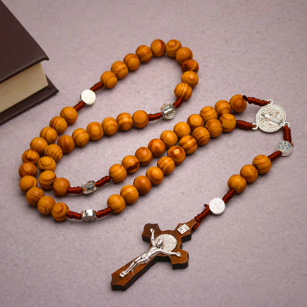 Olive Wood Saint Benedict Bead Rosary and Cross