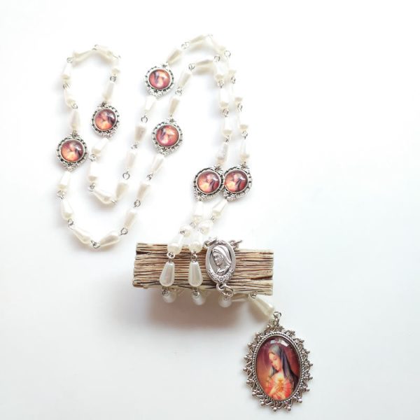 Immaculate Heart of Mary of 5*10 mm Drop-shaped White Pearl Alloy Chain Rosary
