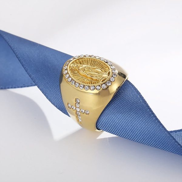 Christianartworkshop Virgin Mary Stainless Steel Ring Cross Sign Catholic Rings for Religious Jewelry