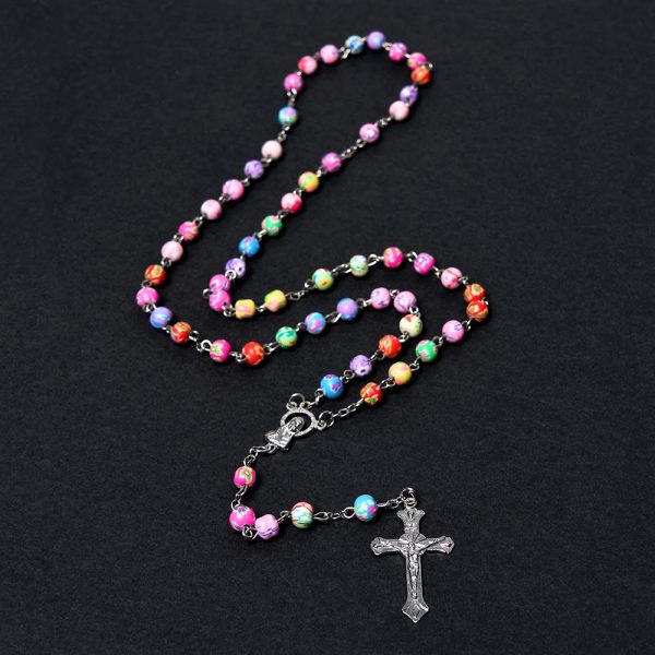 Our Lady of Guadalupe & Crucifix of 6 mm Round Multicolor Polymer Clay Alloy Chain Rosary