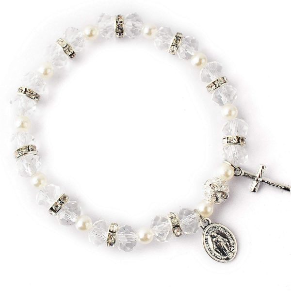 Christianartworkshop Crystal Beads Stretch Bracelet with Crucifix and Miraculous Medal