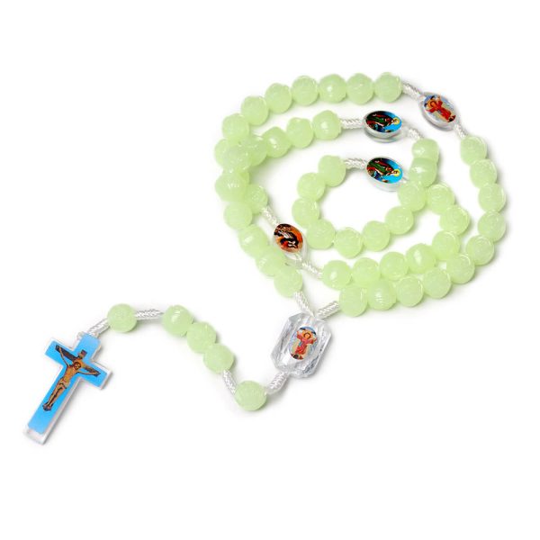 Crucifix of 10 mm Rose Luminous Green Resin Nylon Cord Rosary