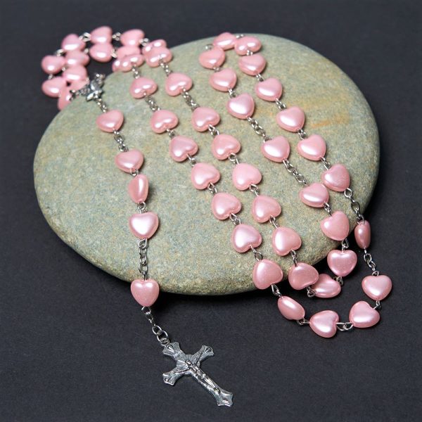 Our Lady of Fátima & Crucifix of 10 mm Heart Pink Acrylic Alloy Chain Rosary