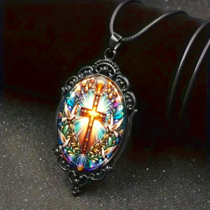 Retro Style Cross & Holy Dove Glass Pendant Necklace