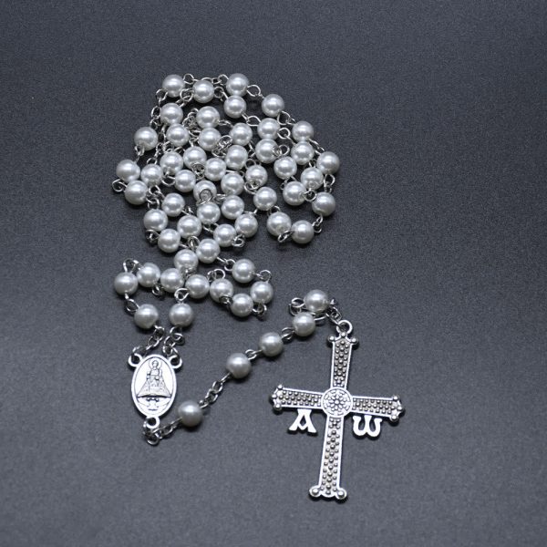 San Juan del Valle Medal & Cross of 6 mm Round White Glass Alloy Chain Rosary