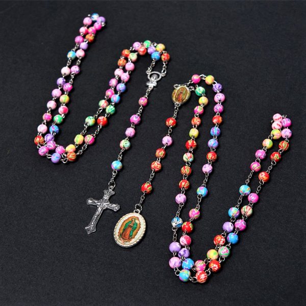 Our Lady of Guadalupe & Crucifix of 6 mm Round Multicolor Polymer Clay Alloy Chain Rosary