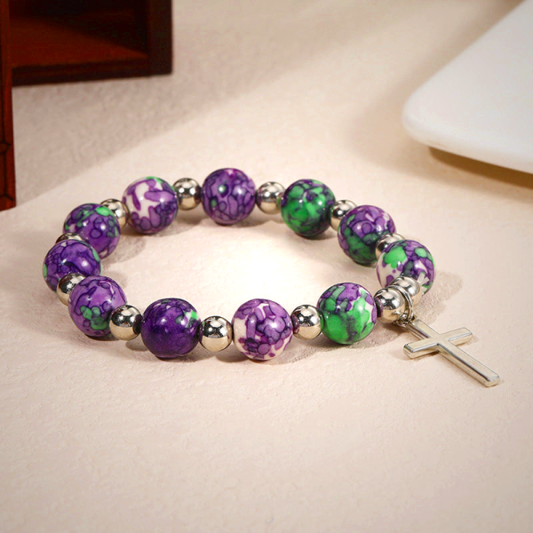 Crucifix Prayer Beaded Purple Stones Bracelet