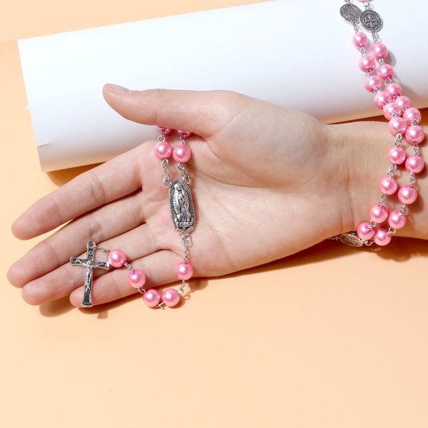 Virgin Mary Medal & Crucifix Pendant Pearl Necklace (4 colors for choice)