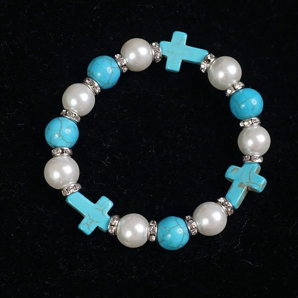 Christianartworkshop Pearl & Turquoise Cross Healing Energy Bracelet