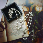 Holy Grail & Crucifix of 6*8 mm Oval White Pearl Alloy Chain Rosary