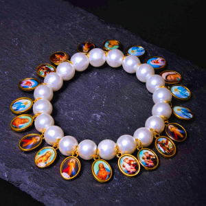 Retro Style Saint Jesus Mary Medals Cross Pearl Bracelet