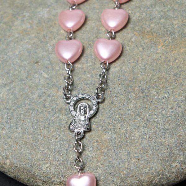 Our Lady of Fátima & Crucifix of 10 mm Heart Pink Acrylic Alloy Chain Rosary