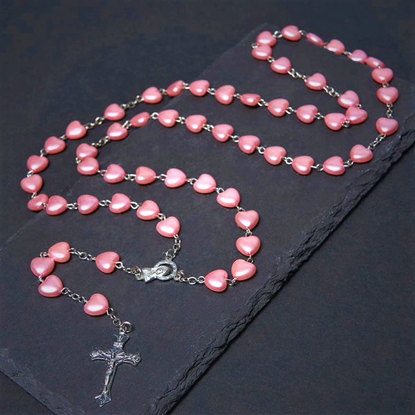 Our Lady of Fátima & Crucifix of 10 mm Heart Pink Acrylic Alloy Chain Rosary