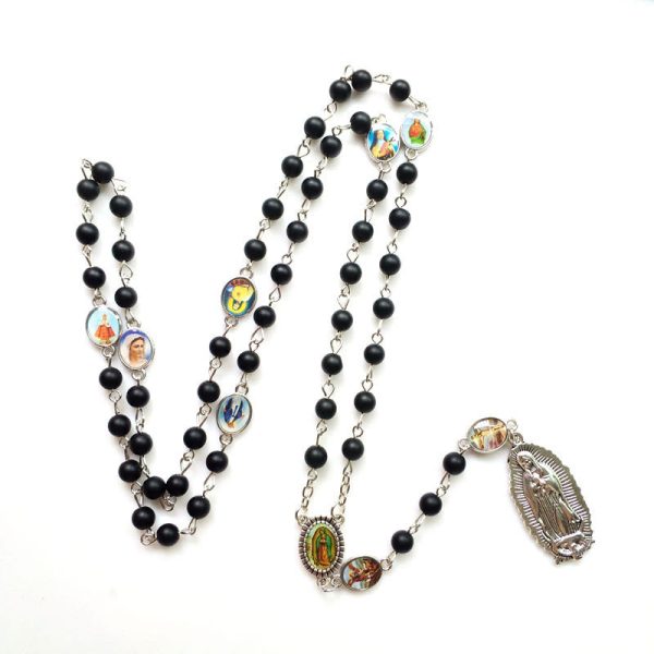 Our Lady of Guadalupe of 6 mm Round Black Agate Alloy Chain Rosary