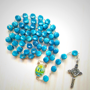 Our Lady of Guadalupe & Crucifix of 10 mm Polyhedron Peacock Blue Acrylic Alloy Chain Rosary