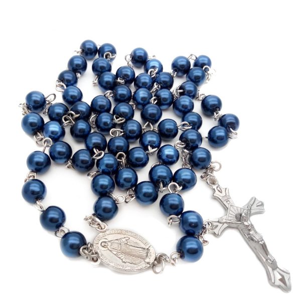 Royal Blue Pearl Beads Rosary with Holy Mother Medal & Crucifix
