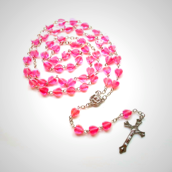 Pink Clear Shiny Heart Prayer Rosary