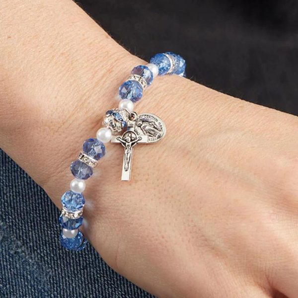 Crystal Beads Stretch Bracelet with Crucifix and Miraculous Medal