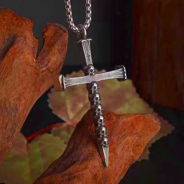 Titanium Steel Skull Nail Cross Pendant Necklace